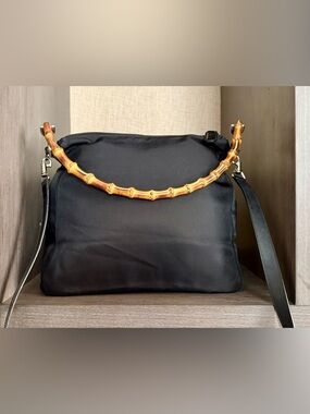 GUCCI Black Women's nylon Shoulder Bag with Bamboo Handle